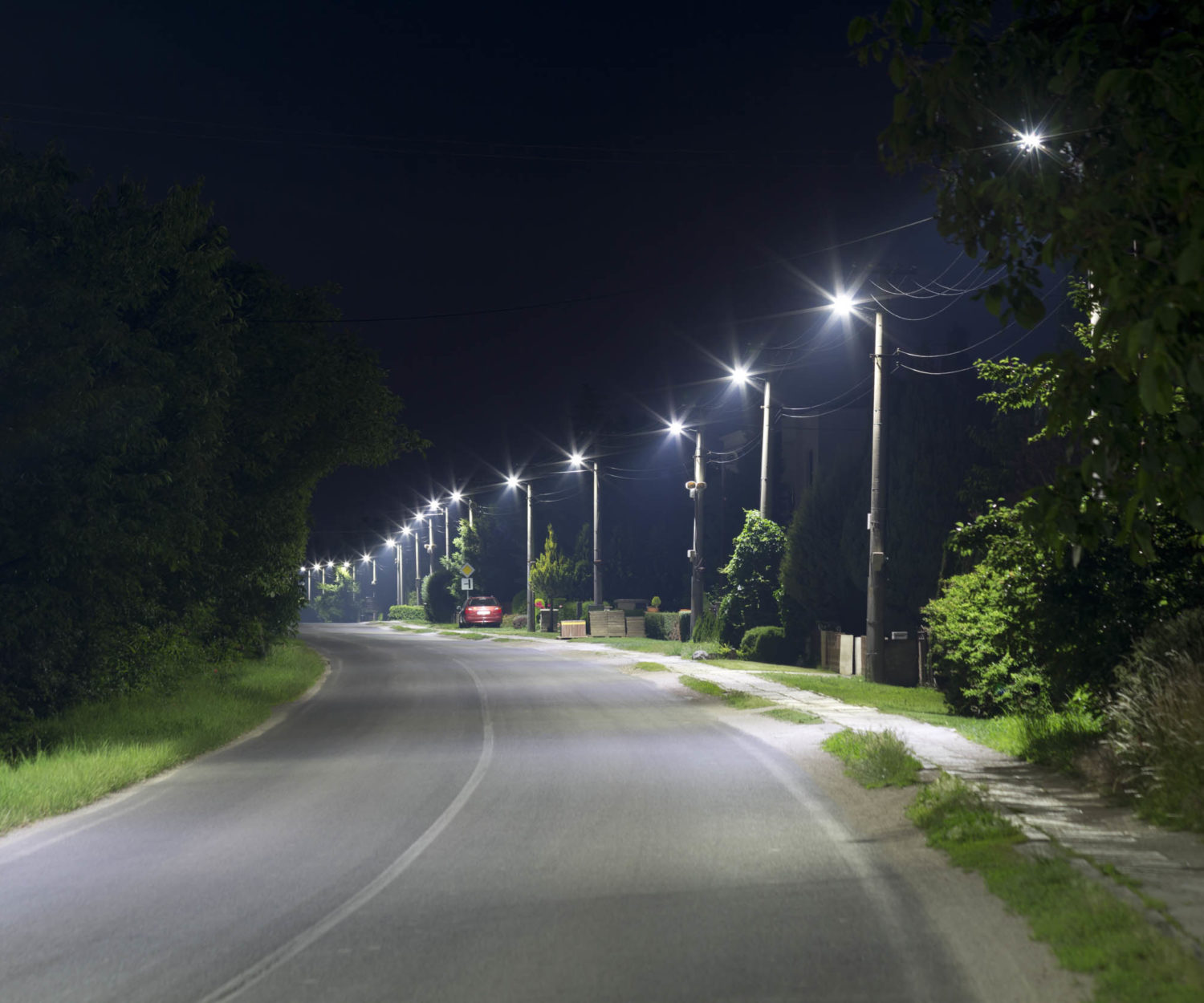LED streetlight lighting quiet street at night