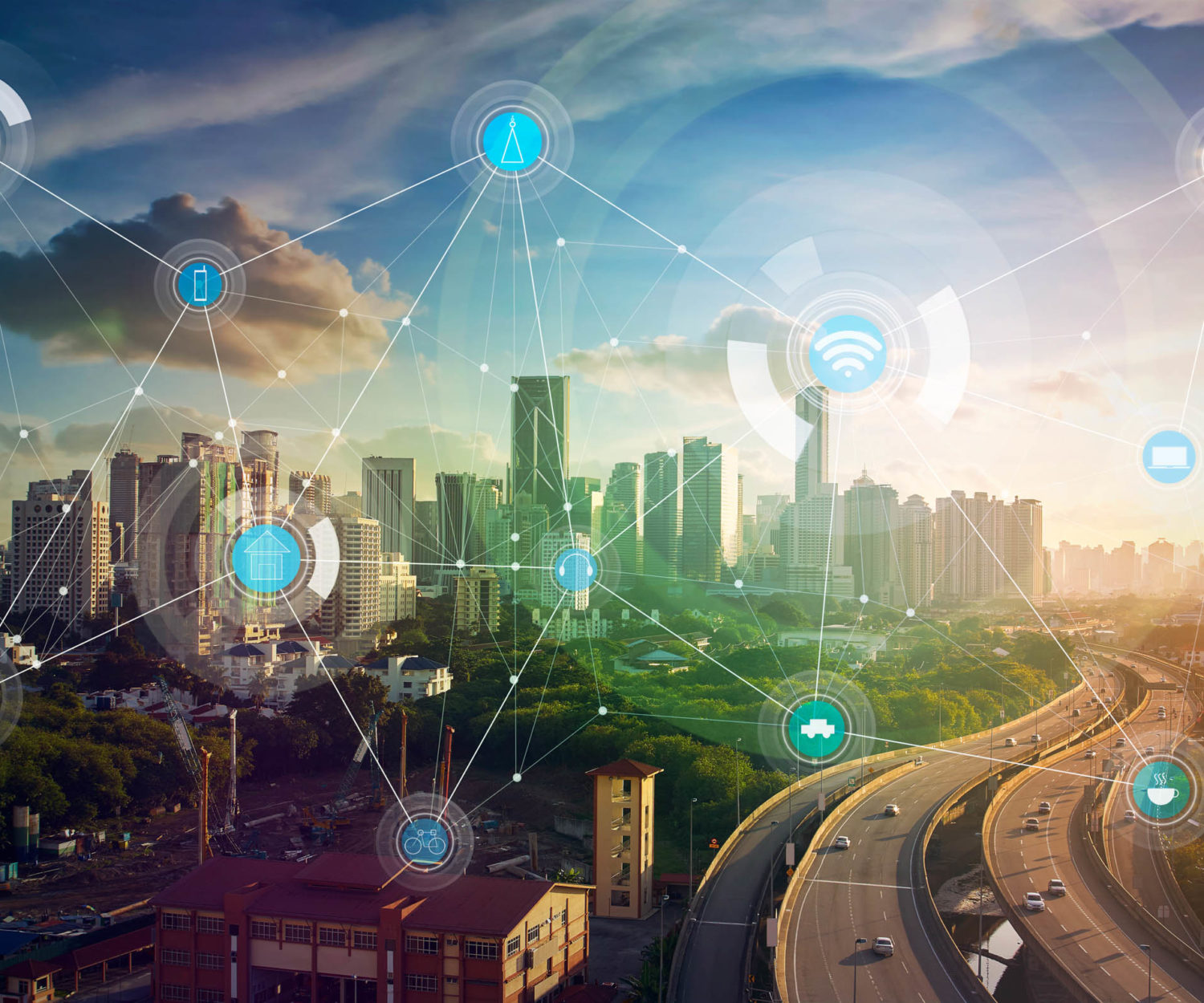 City landscape with connected icons