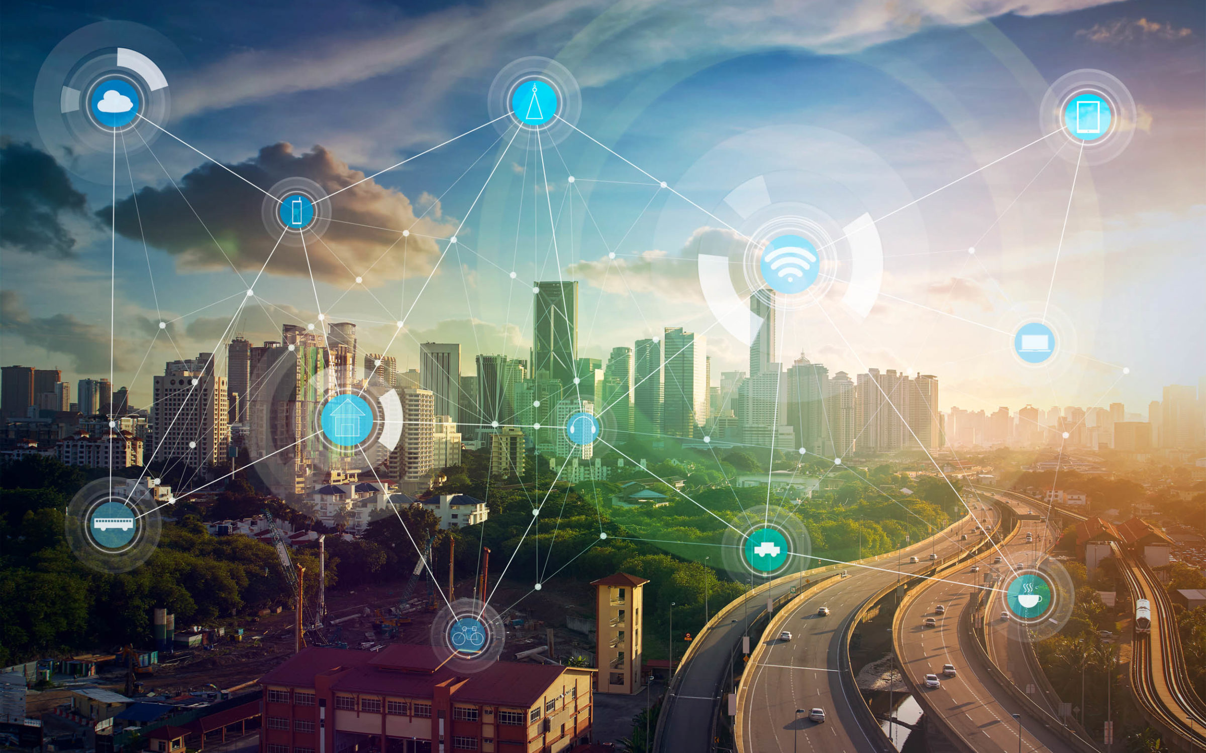 City landscape with connected icons
